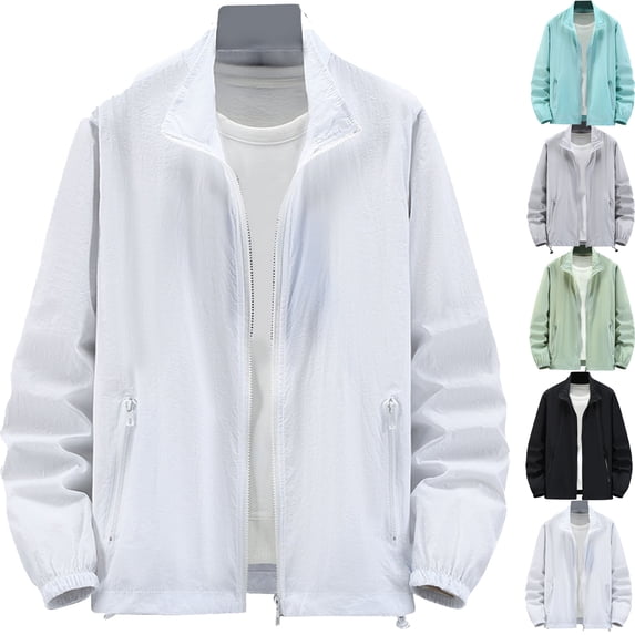 Men Jacket Casual Solid Color Lapel Long Sleeved Light Zipper Pocket Coat with Pocket White XXXXXL