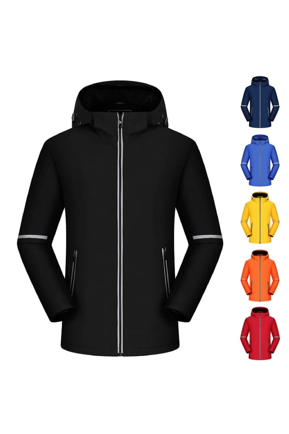 Men Jacket Casual Solid Color Windbreaker Reflective Strips Zipper Pockets Water Repellent Fleece Lined Thickened Workwear Long Sleeve Hooded Casual Outwear Jacket