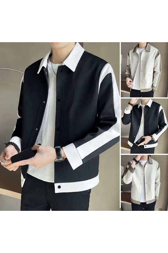 Men Jacket - Lapel Long Sleeve Patchwork Color Jacket Coat with Pockets Button Closure Spring Autumn Casual Outwear