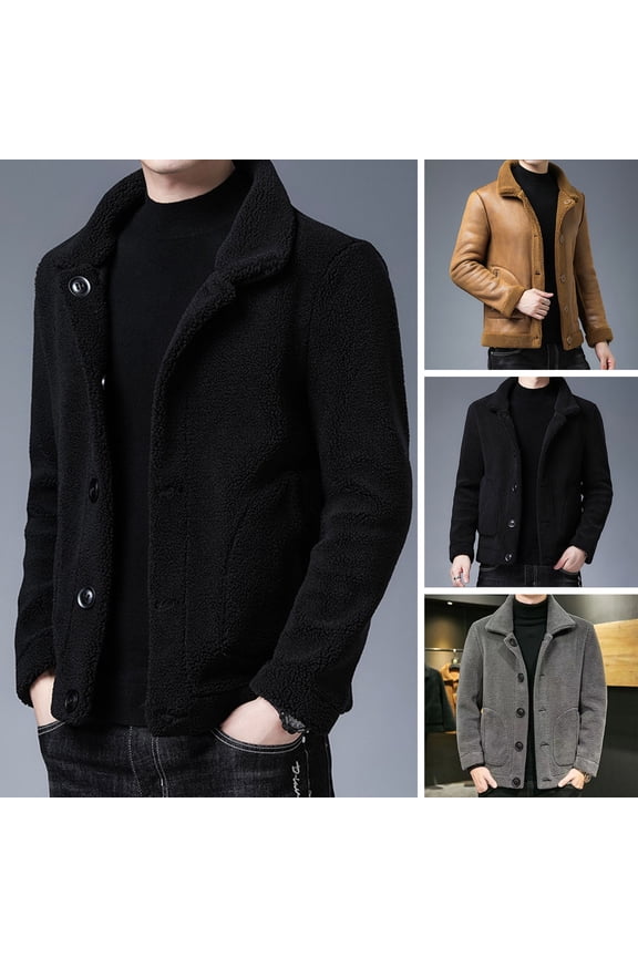Men Jacket Lapel Long Sleeve Single Breasted Coat with Pockets Solid Color Reversible Design Polar Fleece Faux Leather Outwear