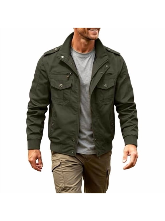 Men Jacket Stand Collar Long Sleeve Cargo Work Coats Zip Up Outdoor Oversized Soft Travel Military Flight Jacket with Multi Pockets Army Green XL