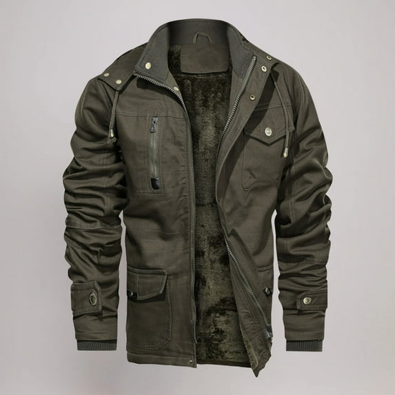 Men Jacket Winter Jackets for Men Fleece Lined Zip up Hooded Thick Warm Military Coats with Multiple Pockets Work Stand Collar Long Sleeve Cargo Jackets Hiking Outdoor Outerwear