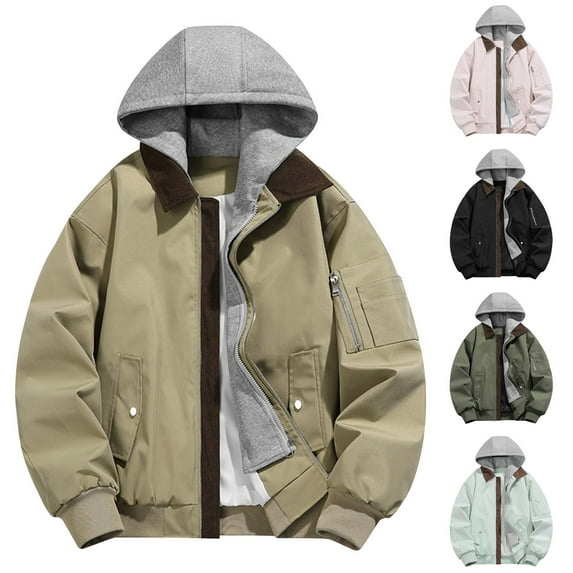 Men Jacket With Hoodie And Zipper Winter Coat for Men Men's Motorcycle Solid Color Cargo Pockets Long Sleeved Hooded Casual Jacket, M-3XL