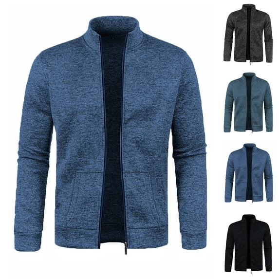 Men Jacket Without Hoodie Winter Coat for Men Men's Solid Color Long Sleeved Stand Up Collar Zipper Cardigan Sweater Jacket, S-3XL