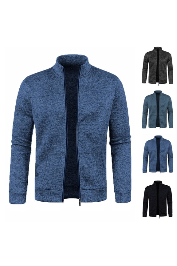 Men Jacket Without Hoodie Winter Coat for Men Men's Solid Color Long Sleeved Stand Up Collar Zipper Cardigan Sweater Jacket, S-3XL