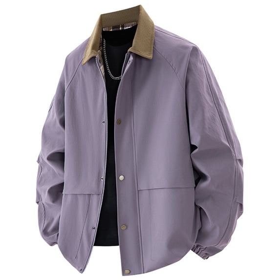 Men Jacket Zip Up Purple Jacket Warm Casual Button Plain Mens Coats Winter