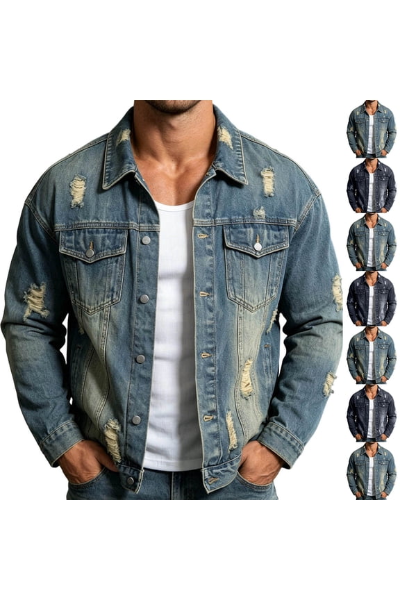 Men Jackets Cameland Blue Ripped Denim Jacket For Men Spring And Summer Style High Street Cool And Edgy Washed And Distressed Workwear Jacket Denim Clothing Black M