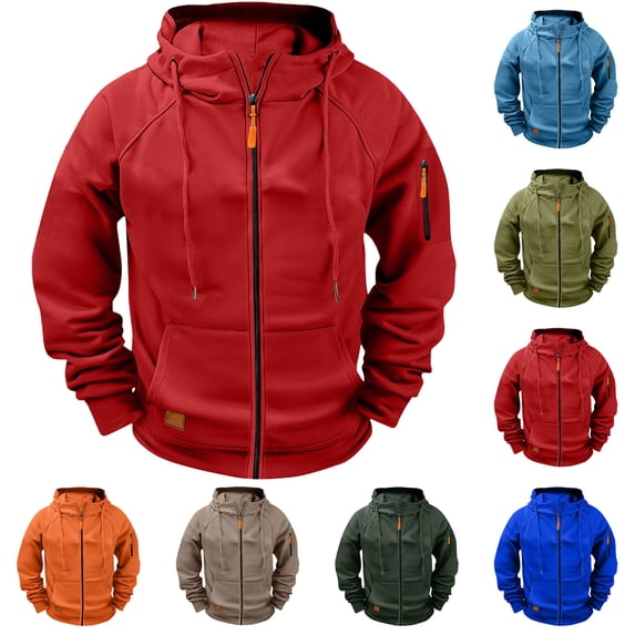 Men Jackets Dqueduo Men's Cargo Solid Color Multi Pocket Sports Fitness Training Raglan Long Sleeve Hooded Casual Jacket, Sizes S-4XL Red XL