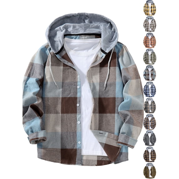 Men Jackets Dqueduo Men's Casual Patchwork Plaid Hooded Button Long Sleeve Shirt Jacket, Sizes S-XXL