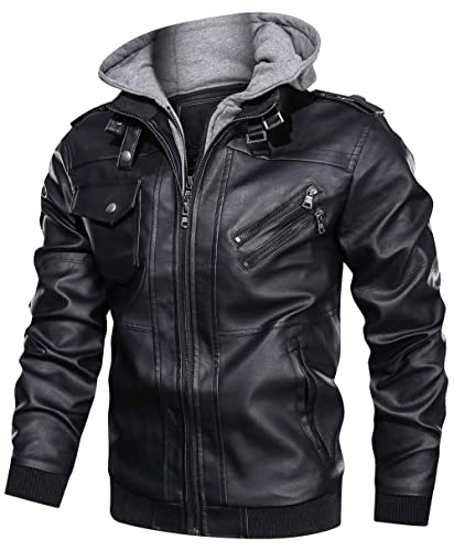 Men Jackets Leather, Genuine Leather Motorcycle Hooded Jacket Coat with ...