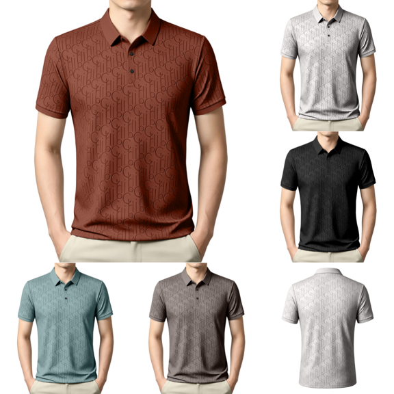 Men Jacquard Golf Polo Shirt, Embossed Letter Subtle Monogram Texture Short Sleeve Shirt Quick Dry Moisture Wicking Business Casual Top Ginger 3XL