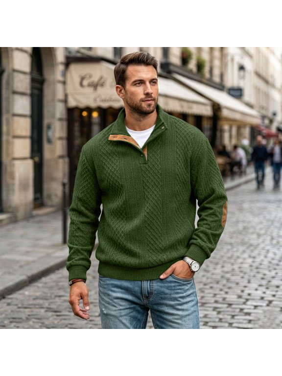 Men Jacquard Knit Sweatshirt Pullover Quarter Button Stand Collar Elbow Patches Long Sleeve Relaxed Fit Fall Winter Casual Tops