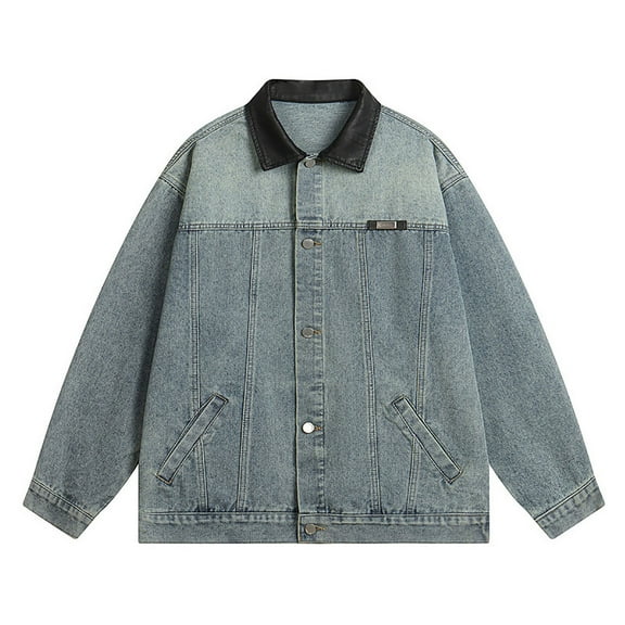 Men Jean Jacket Vintage Loose Fit Stand Collar Long Sleeved Denim Jackets Casual Fashion Distressed Streetwear Fall Winter Button Down Jean Coat With Pocket Blue M