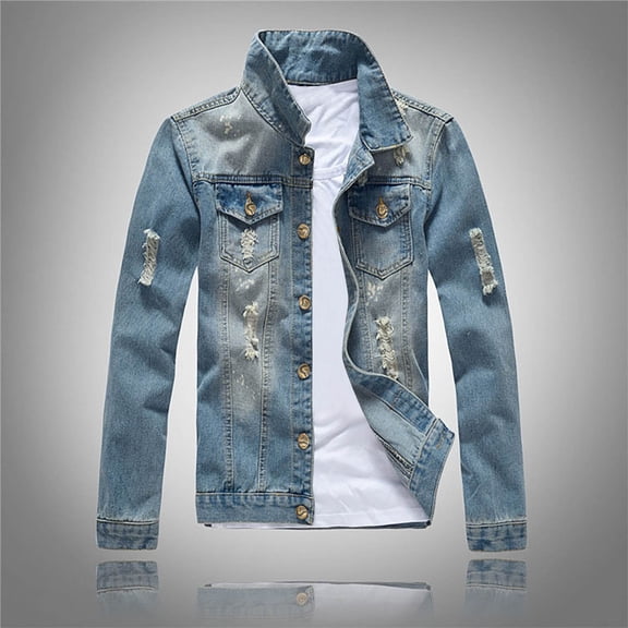 Men Jean Jacket Vintage Slim Fit Stand Collar Long Sleeved Distressed Denim Jackets Casual Fashion Streetwear Fall Winte Trucker Jean Coat With Pocket Light Blue L