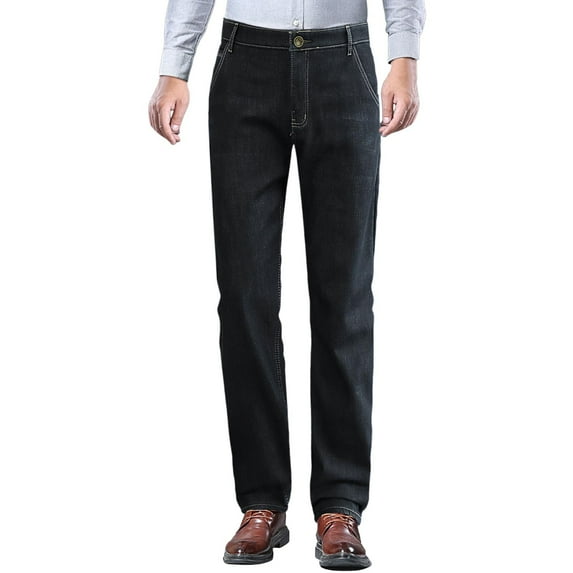 Men Jeans Classic Straight Leg Casual Bootcut Denim Long Trousers Winter Elastic Regular Thickened Warm Men's Pants