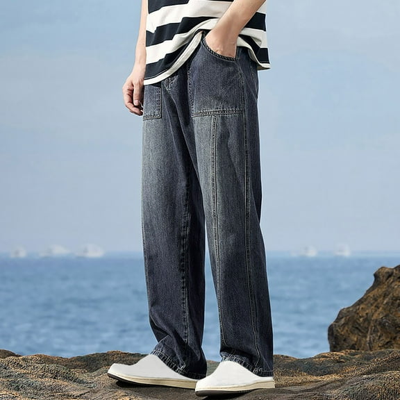Men Jeans Comfort Flex Waist Leg Baggy Jeans Fashion Solid Color Comfortable Temperament Straight Leg Pants Denim Pants for Men Dark Blue S