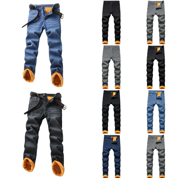 Men Jeans Fall Winter Lined Thickened Warm Denim Pants Relaxed Fit Straight Leg Long Trousers Casual Denim Pant for Men