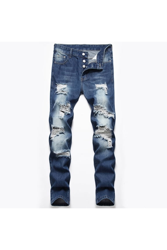 Men Jeans Leg Baggy Jeans High-end Stretch Nostalgic Frayed Slim-fit Jeans Blue10 S