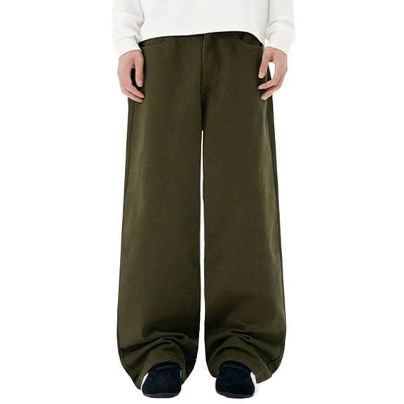 Men Jeans Loose Fit Stretch Wide Leg Denim Pants with Pockets Casual Streetwear Solid Color Long Trousers Denim Pant for Men