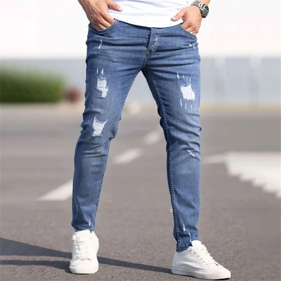 Men Jeans Regular Fit Straight Leg Fashion Stretch Denim Pants Solid Comfy Street Workwear Classic Jeans Trousers Blue L