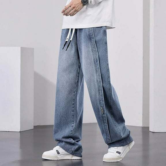 Men Jeans Regular Fit Straight Leg Stretch Denim Pants Casual Lightweight Comfortable Travel Long Jeans with Pocket Blue L