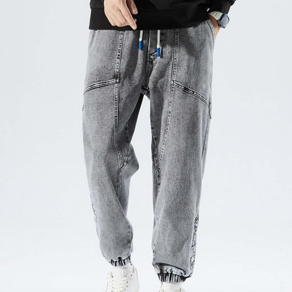 Men Jeans Relaxed Fit Straight Leg Elastic Waist Denim Pants Vintage Solid Comfy Lightweight Travel Long Jeans with Pocket Grey XXXXL