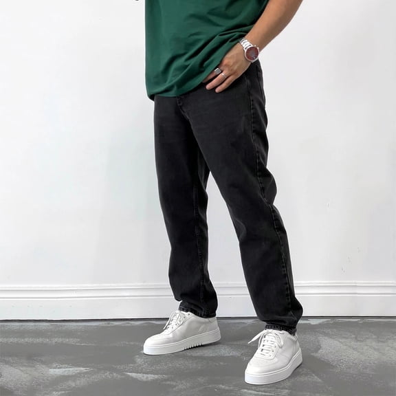 Men Jeans Relaxed Fit Straight Leg Fashion Stretch Denim Pants Solid Comfort Street Workwear Classic Jeans Trousers Black XXL