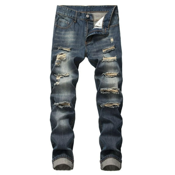 Men Jeans Ripped Distressed Stretch Slim Fit Denim Jeans Straight Leg Skinny Street Style Men Pants