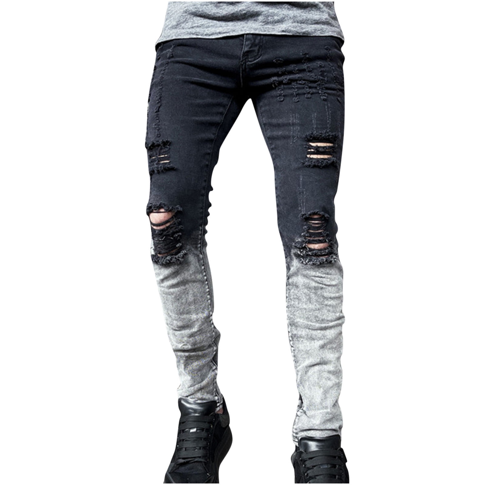 Men Jeans Trousers Casual Straight Leg Patchwork Denim Pants Loose  Distressed