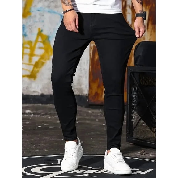 Men Jeans Stretch Skinny Denim Pants Solid Color Black Blue Spring Luxury Street Harajuku Hip-Hop Style Slim Fit Trousers Brand