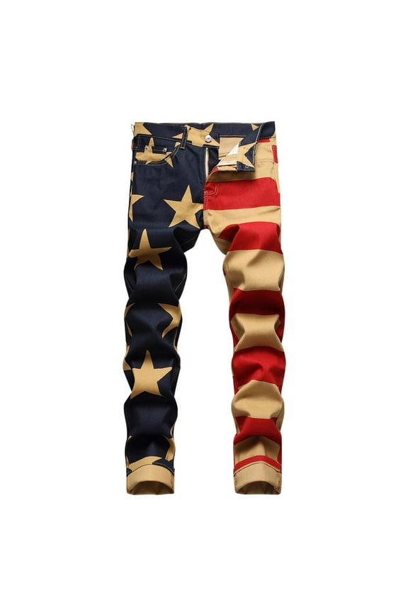 Men Jeans Trendy Flag Printed Slim Fit Comfortable Stretchy Denim Jeans Skinny Straight Leg Relaxed Fit Pants for Men