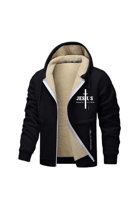 Men Jesus Hoodie Fleece Lined Zip Up Plus Size Christian Faith Outdoor Heavyweight Jacket With Pockets Hoodie for Men Black M