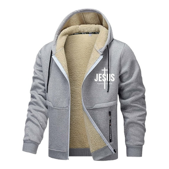 Men Jesus Hoodie Fleece Lined Zip Up Plus Size Christian Faith Outdoor Heavyweight Jacket With Pockets Hoodies Men Grey XXL