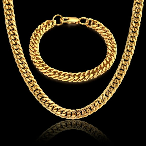 Men Jewelry Sets 14K Yellow Gold Miami Curb Cuban Link Chain Bracelet Necklace Set Punk Hip Hop Jewelry Male Gift