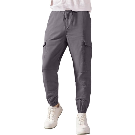 Men Jogger Pants Drawstring Waist Relaxed Fit Tapered Leg Cargo Style Elastic Cuffs Multiple Pockets Design