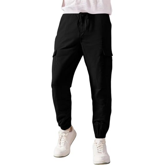 Men Jogger Pants Drawstring Waist Relaxed Fit Tapered Leg Cargo Style Elastic Cuffs Multiple Pockets Design