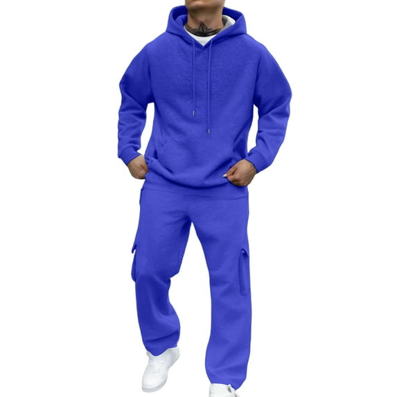 Men Joggers Set Long Sleeve Lounge Sweatshirt Sets Outfits with Sweatpants Set Two Piece Casual Jogging Athletic Workout Outfits Sweatsuits Solid Color Hooded Tracksuits Suit with Pockets,Blue M