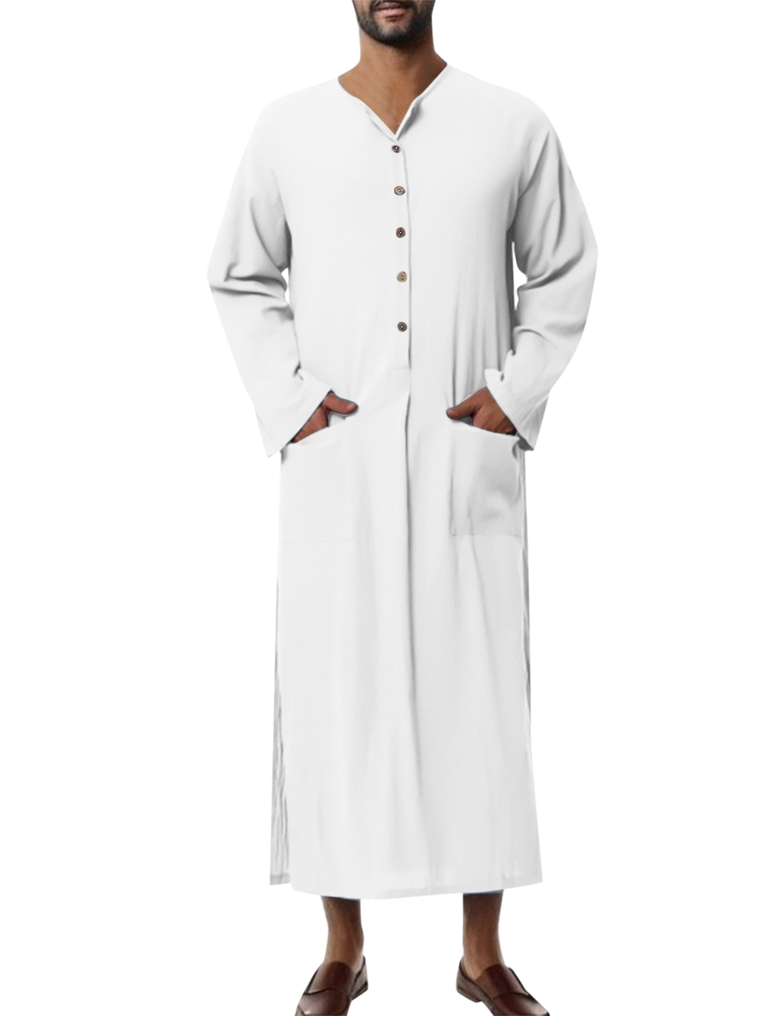 Men Kaftan Arabic Thobe Loose Long Sleeve Nightshirt with Pockets