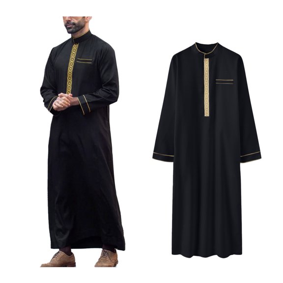 Men Kaftan Thobe Casual Long Sleeve Long Gown Shirt Crew Neck Muslim Clothes Black Thobe