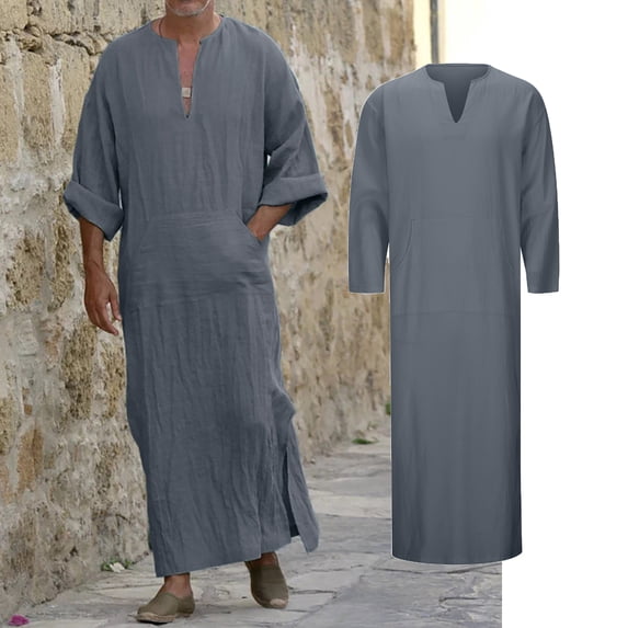 Men Kaftan Thobe Casual Long Sleeve Mens Robe Button Down Collar Muslim Dress For Men Robe Men