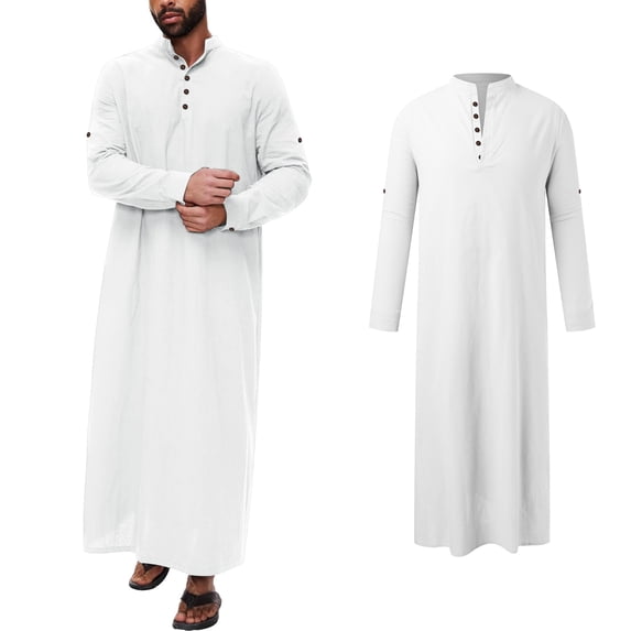Men Kaftan Thobe Casual Long Sleeve Mens Robe Button Tab Collar Muslim Dress For Men Kaftan