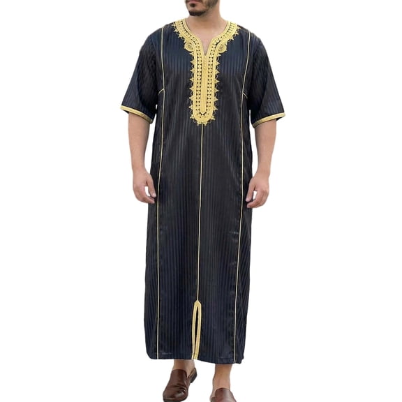 Men Kaftan Thobe Casual Short Sleeve Men'S Robe V Neck Muslim Thobes Black Thobe