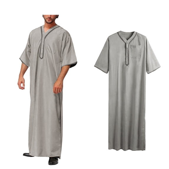 Men Kaftan Thobe Casual Short Sleeve Mens Summer Robe V Neck Muslim Men Clothing Grey Robe