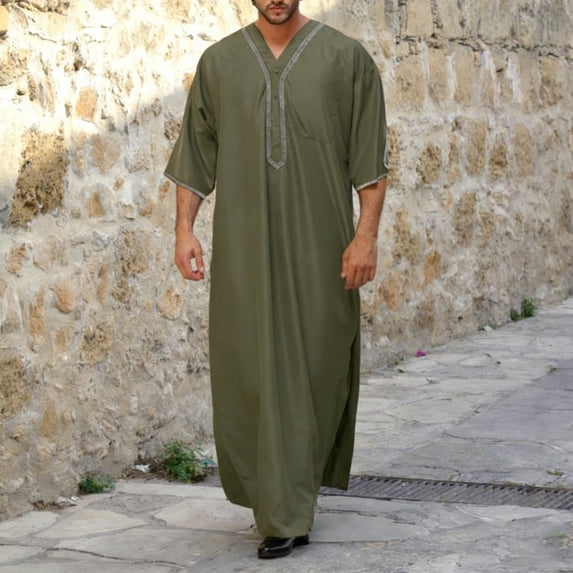 Men Kaftan Thobe Casual Short Sleeve Mens Tunic V Neck Casual Muslim Gown Green Robe Men