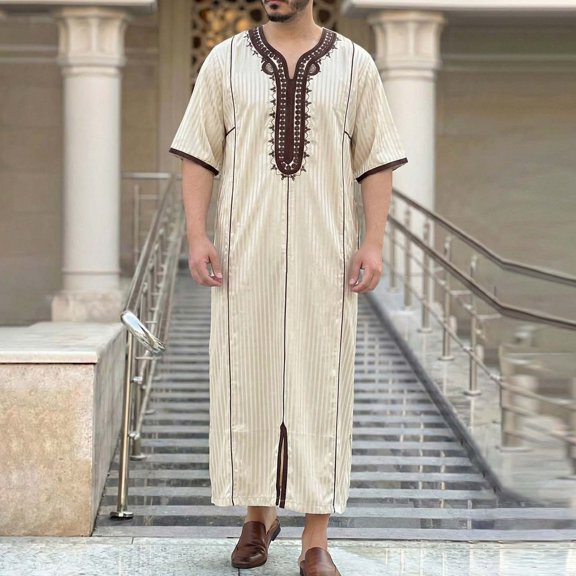 Men Kaftan Thobe Casual Short Sleeve Robes for Men V Neck Muslim Gown Beige Thobe for Men