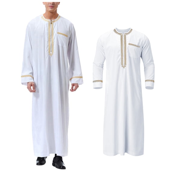 Men Kaftan Thobe Long Sleeve Zipper Thobe with Pocket Men Embroidered Thobe Men Eid Clothes Clothes