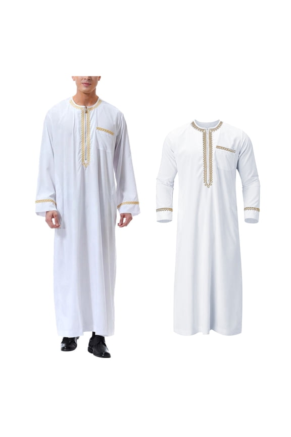 Men Kaftan Thobe Long Sleeve Zipper Thobe with Pocket Men Embroidered Thobe Men Eid Clothes Clothes
