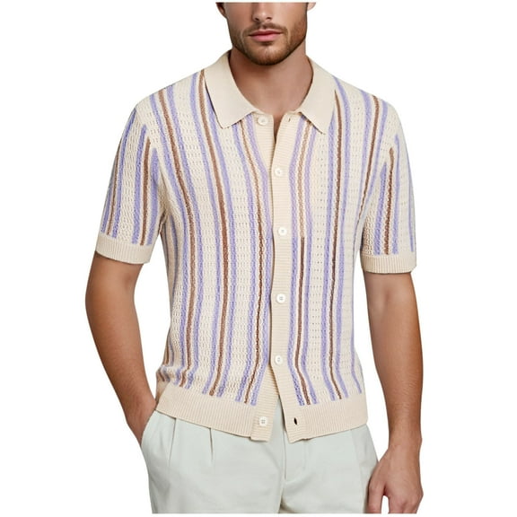 Men Knitted Cardigan Tops Short Sleeve Hollow Out Knit Retro Polo Shirts Short Sleeve Button Down Beach T Shirts