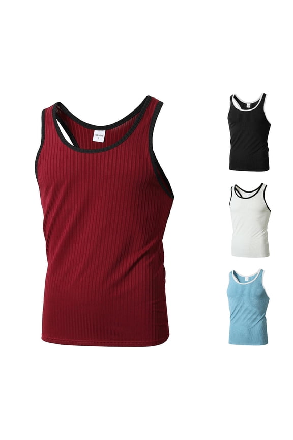 Men Knitted Vertical Fitness Sports Slim Vest Racer Color Block Athletic Tank Top Mens Sleeveless Tee Shirts