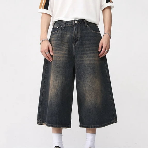 Men Korean Style Vintage Jean Wide Leg Knee Length Short Fashion Washed Trousers